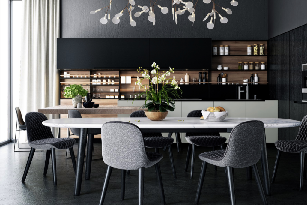 kitchen with dark walls, floors, and cabinets