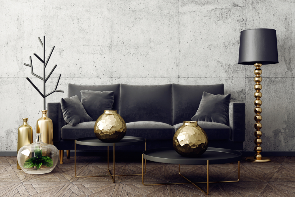 dark grey couch gold decor