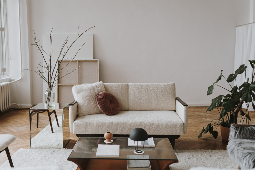 neutral fabrics and minimal furniture living room