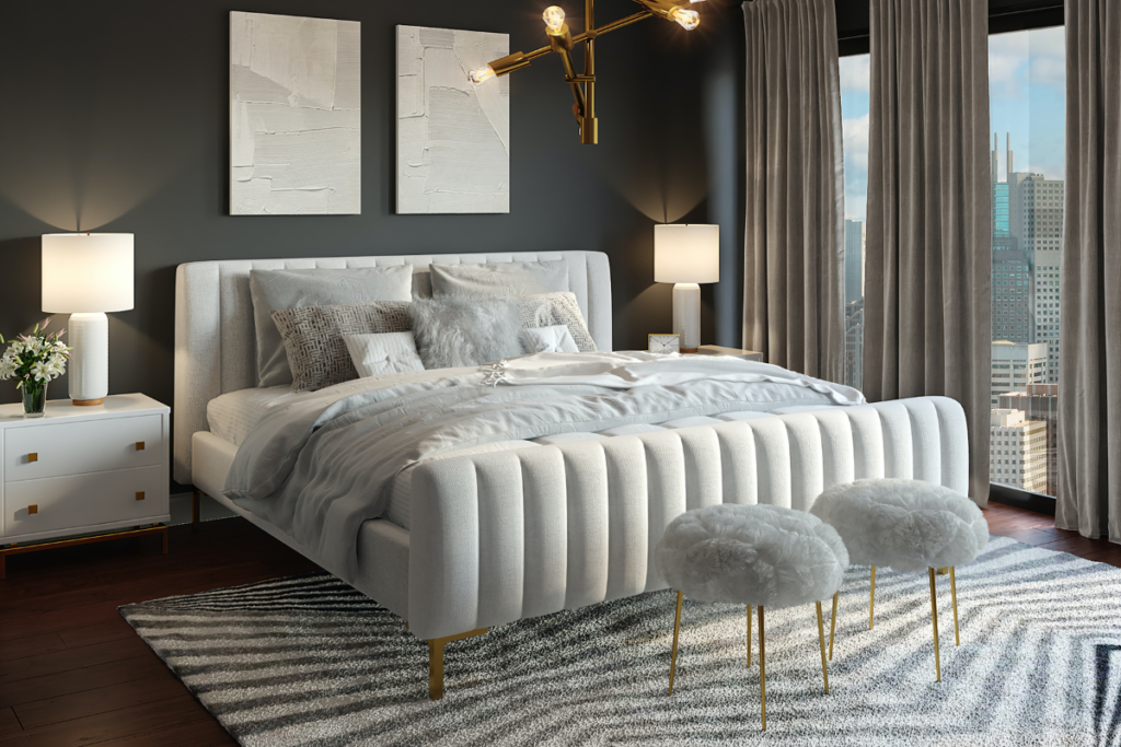 formal bedroom light tufted bed gold accents